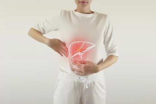 Digital composite of highlighted red painful liver of woman