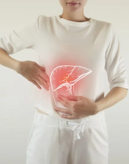 Digital composite of highlighted red painful liver of woman / healthcare & medicine