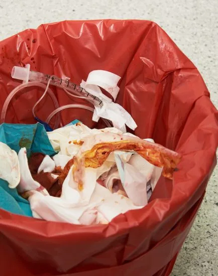 Used endotracheal tube, surgical gloves stained with blood in a red garbage bin for biohazard disposal