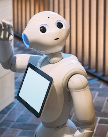 KYOTO, JAPAN - APR 14, 2017 : Pepper Robot Assistant with Information screen at Tsutaya shop Tourism Japan